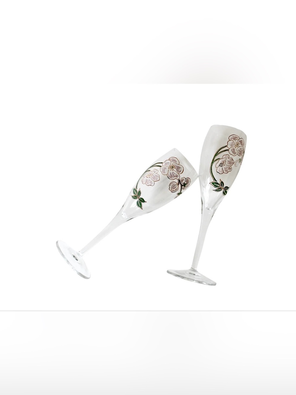 Two Vintage Perrier Jouet Painted Champagne Glasses, Pair of Flutes, French